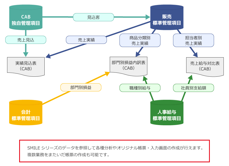 SMILEシリーズのデータを参照して各種分析やオリジナル帳票・入力画面の作成が行えます。