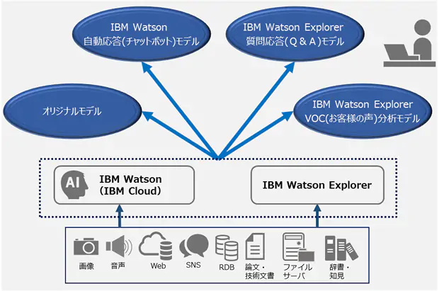 世の中にあふれる画像、音声、テキスト文書といった非構造化データや企業内で大量に保有しているＲＤＢなどの構造化データから、「IBM Watson」や「IBM Watson Explorer」が、お客様にとって有益な情報を特徴量から見出し、提供するためのモデルを提供いたします。